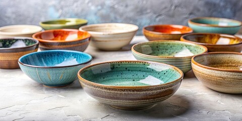 Empty handmade ceramic bowls on a light background , ceramics, handmade, craft, empty, bowls, kitchenware, pottery
