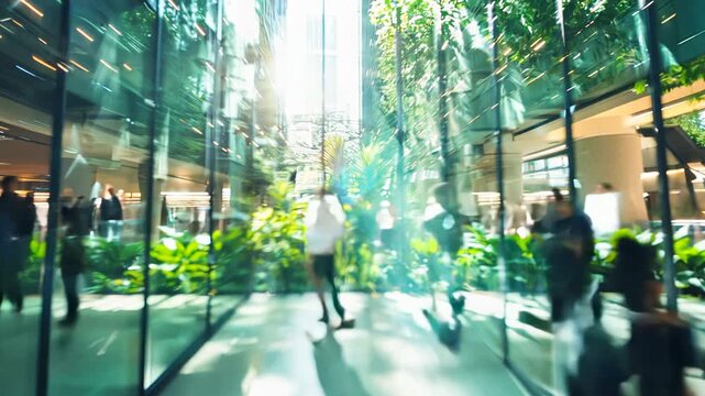People walking on green office space, motion blur effect, environment concept
