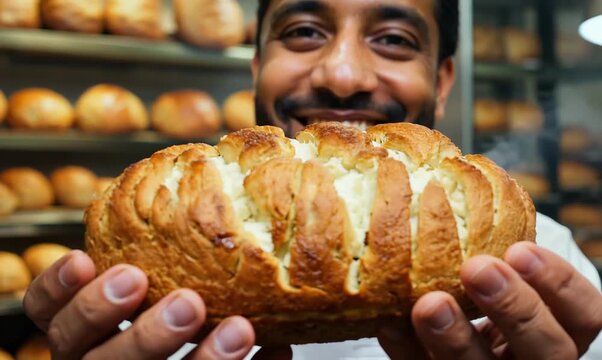 Medium shot portrait video of a joyful baker showcasing freshly baked bread in charming bakery