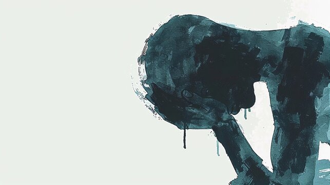 An emotional abstract artwork shows a distressed figure in blue tones with hands covering the face, conveying a deep sense of sorrow and introspection, accentuated by dripping paint.