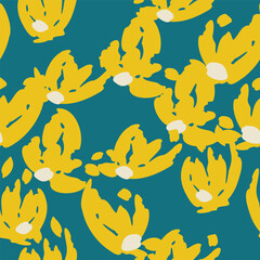 Naklejka premium Blue seamless pattern with abstract yellow flowers. Vector square background, illustration, print, design. Japanese style