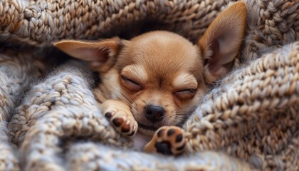 Adorable Chihuahua Puppy Nestled in Soft Blanket, Relaxation and Cuteness Concept