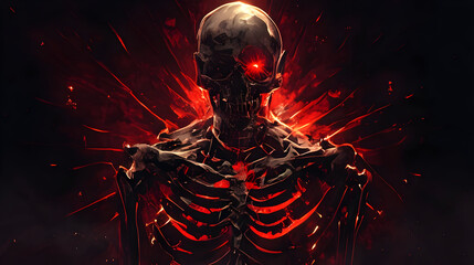 Skeleton with Glowing Red Eye in Fiery Explosion - Dark Fantasy Art