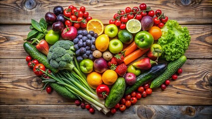 Vibrant assortment of fresh organic fruits and vegetables artfully arranged in a heart shape, symbolizing a healthy lifestyle and nutrient-rich diet for optimal wellness.