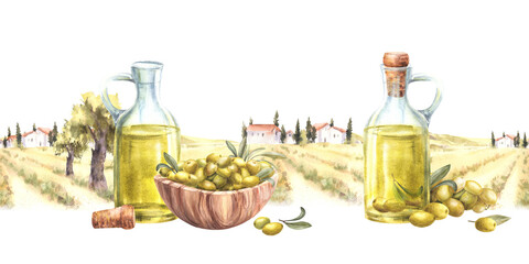 Olive oil in glass carafe. Wooden bowl with Olive tree harvest against rural farm landscape seamless border. Watercolor hand painted illustration. Food label packaging pattern Isolated from background