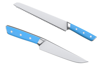 Set of chef's kitchen knives with a wooden handle isolated on white background.