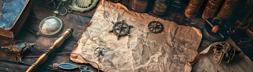 Antique Treasure Map and Nautical Tools