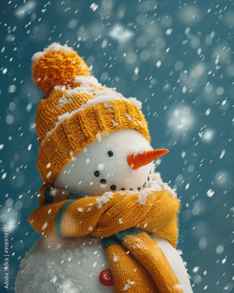 Canvas Prints A snowman wearing a yellow hat and scarf stands in a snowy landscape. AI.