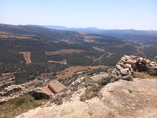 Ares del Maestre, a medieval village in the Province of Castellón, Spain, with a stone castle in...