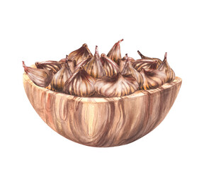 Watercolor Dried figs in wooden bowl. Dry fruit harvest. Handful vegan snacks. Vegetarian Food. Plant food for card, label, sticker, price tag Hand drawn illustration. Clipart Isolated from background