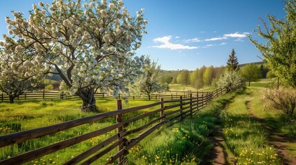 A picturesque countryside with blossoming fruit trees, a wooden fence, and a clear blue sky.
