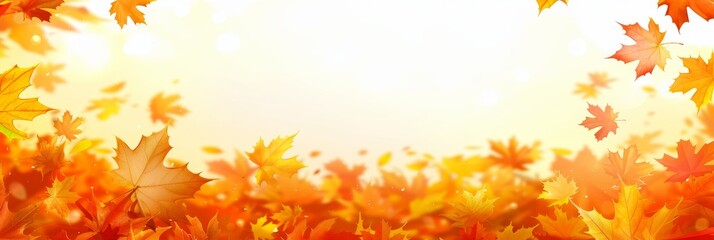 Autumn Background With Falling Leaves, Yellow Maple Leaves, Sunlight. Panorama, Copy Space.