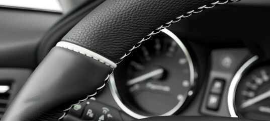 Sleek black leather steering wheel with elegant silver gear shift paddle close up