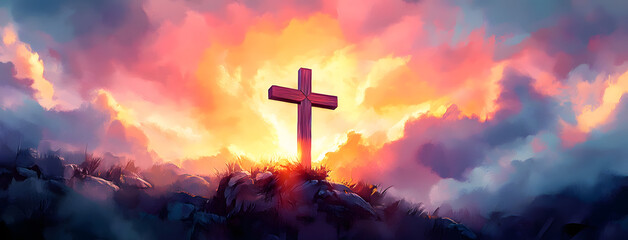 Christian easter. Conceptual religious symbol on a colorful sky at sunset. 