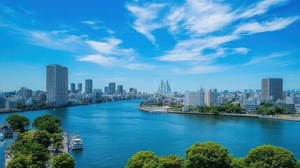 Fototapeta premium Urban Skyline with Bridge and River in Japan