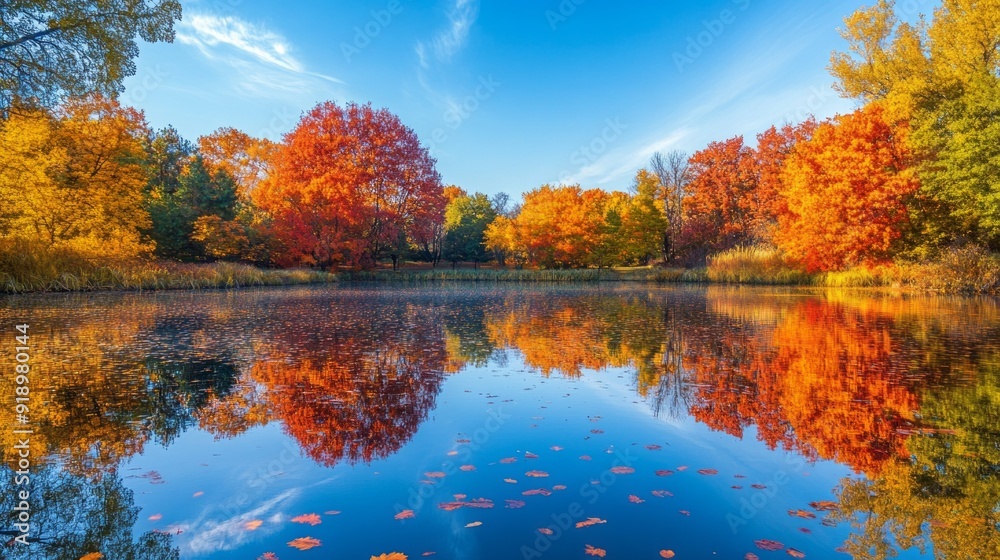 Poster a lake with trees in the background and a blue sky