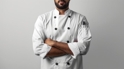A chef in uniform standing with arms crossed