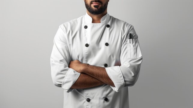 A chef in uniform standing with arms crossed