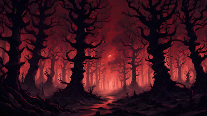 generate an eerie scene of a killer forest under