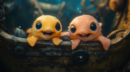 illustration of cute happy two baby puffer fish print