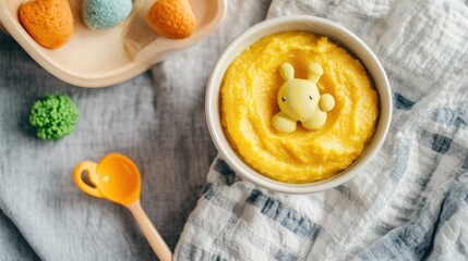 Baby puree in a bowl with a small toy, ample room for branding