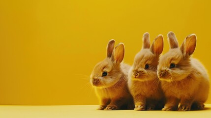 Obraz premium Three adorable rabbits are standing close together on a vibrant yellow surface, appearing curious and playful