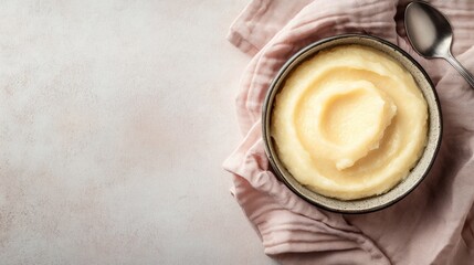 Baby puree in a bowl with a spoon and napkin, with room for branding
