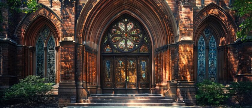 An elegant church door, with tall, arched frames, stained glass windows, and intricate ironwork