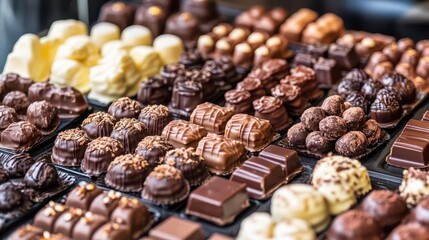 Artistic display of handcrafted chocolates in a variety of shapes and flavors, chocolatiers creations, confectionery art, luxury indulgence, sweet temptation, sensory delight,