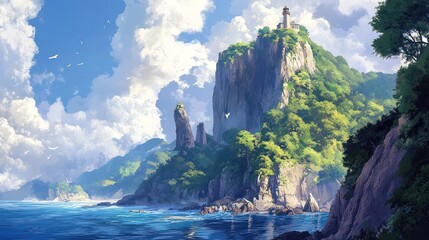 A Lighthouse on a Cliffside Island with Lush Green Foliage and White Birds Flying in a Blue Sky