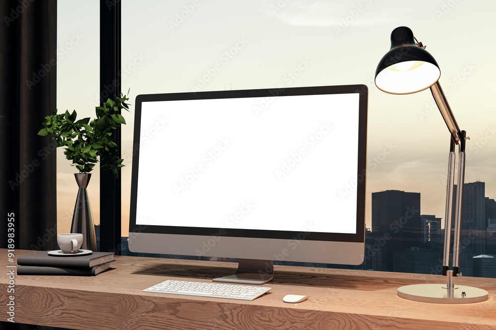 Poster Contemporary designer office interior with empty white mock up computer screen. Panoramic window with city view background. 3D Rendering.