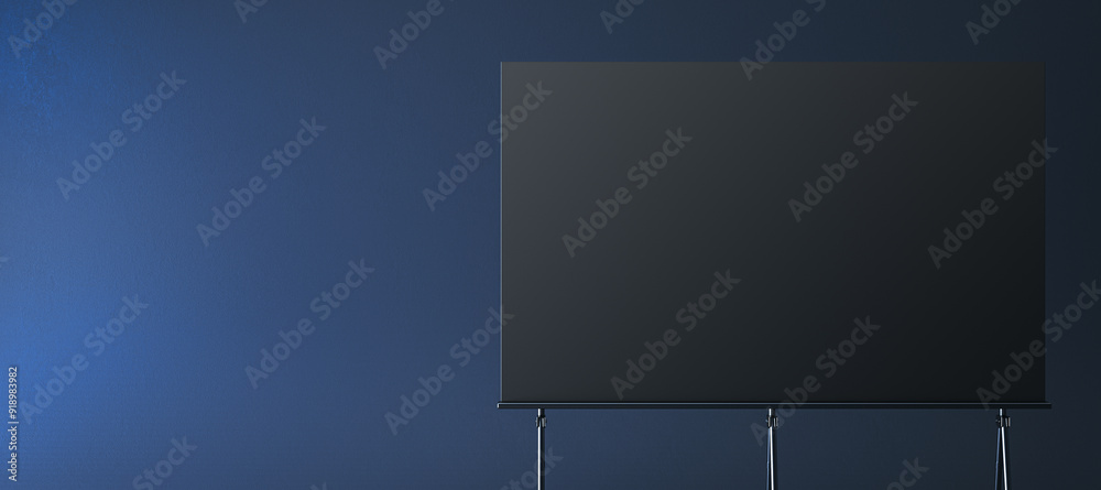 Aufkleber Empty black mock up stand for placing images and texts. Dark blue background. 3D Rendering.