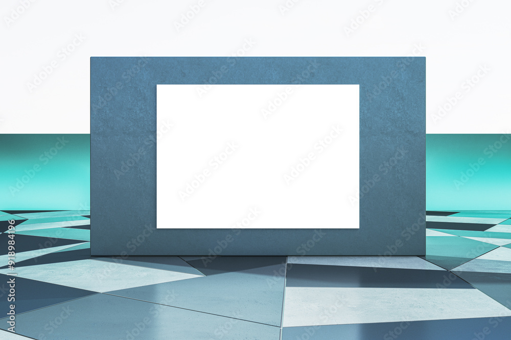 Poster modern white and blue geometric gallery interior with empty mock up poster on wall. exhibition and a