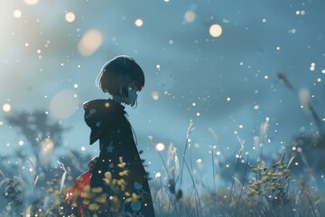 A young woman stands amidst a field of tall grass, serene and peaceful