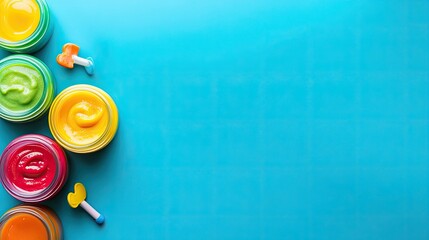 Top view of baby food jars with a small toy, ample space for text
