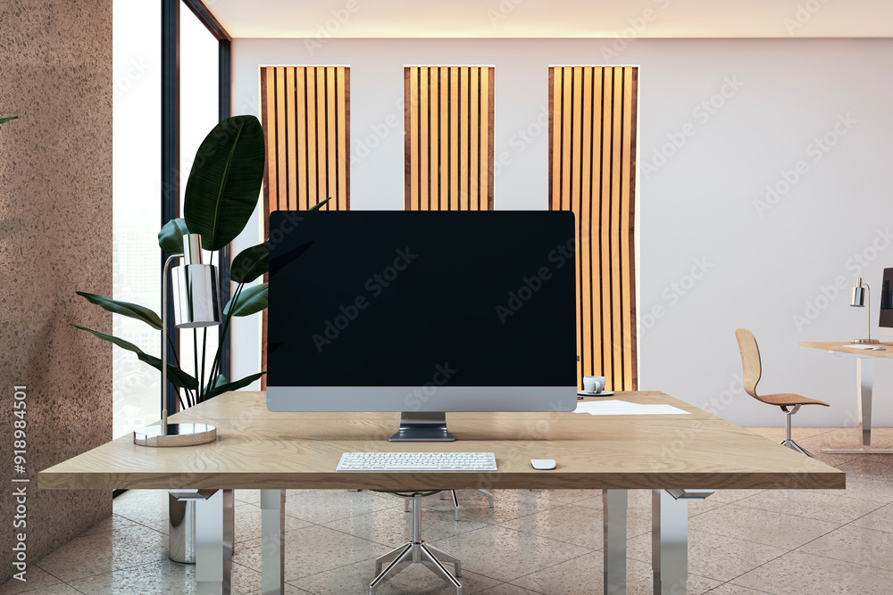 Poster Empty mock up computer monitor in modern designer office interior with decorative wall, panoramic windows and furniture. 3D Rendering.