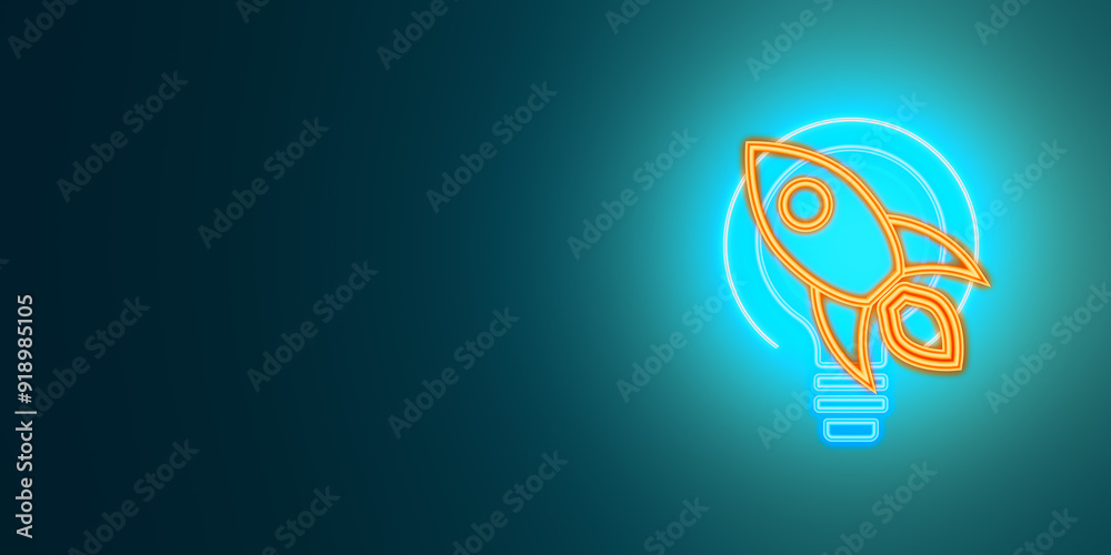 Poster creative neon light bulb with rocket or spaceship icon on blue background with mock up place. startu