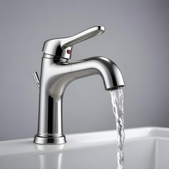 An isolated tap with running water on a silver background