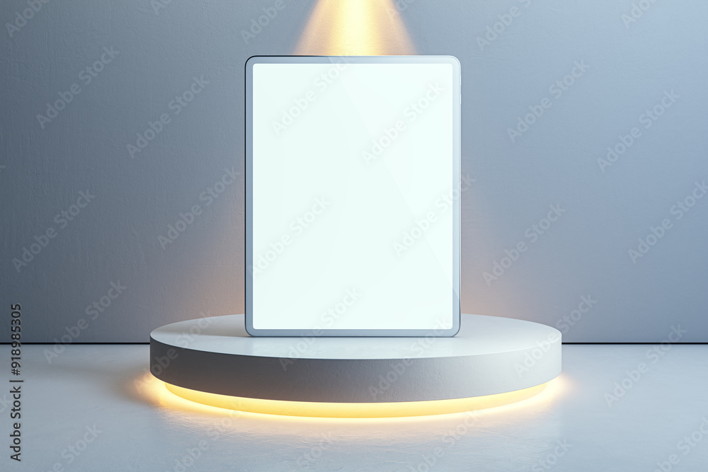 Poster empty white tablet screen placed on illuminated round podium on light concrete wall background. mock