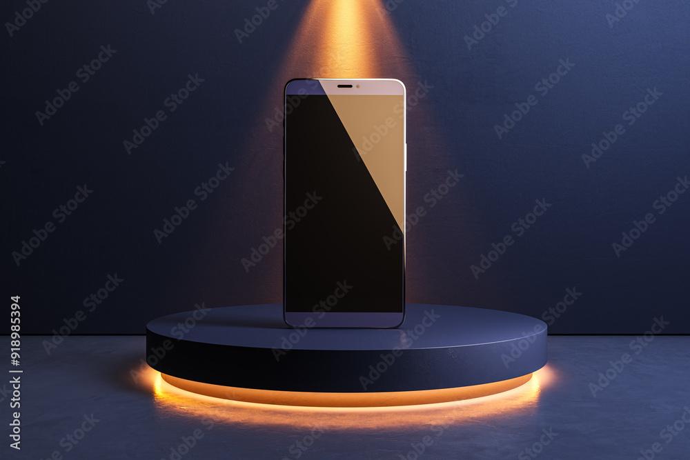 Poster empty smartphone screen placed on illuminated round podium on dark concrete wall background. mock up