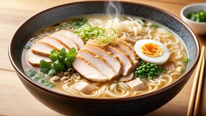 Japanese miso ramen noodle soup with chicken and green peas
