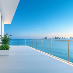Modern luxury balcony with ocean view, city skyline in the distance, and sleek design elements, perfect for relaxation and enjoying the sunset.