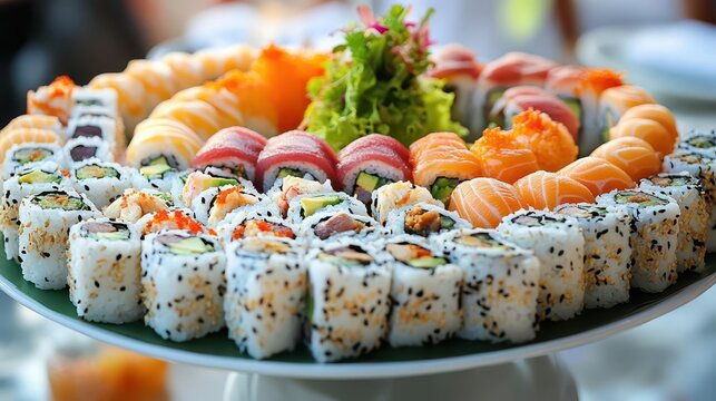 Platter of sushi rolls with creative fillings and artistic garnishes, sushi innovation, culinary craftsmanship, fusion flavors, edible artistry, sushi delight,