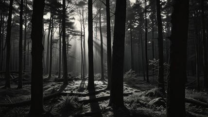 Obraz premium Black and white photo of foggy forest with tree trunks.