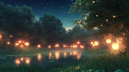 Naklejka premium A Serene Nighttime Forest Scene with Glowing Lanterns and a Reflective Pond