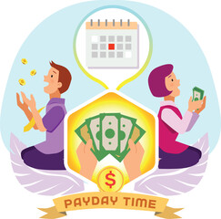 Happy woman and man getting money on payday time. Suitable to use as Social Media Content, Greeting Cards, Landing Page, UI, Poster and Mobile Apps. FREELY ADJUSTED POSE. Vector Illustration