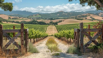 A picturesque vineyard entrance with a rustic wooden gate, grapevines, and rolling hills in the...