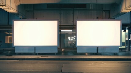 Two empty billboards stand on the side of a city street, waiting for advertising content
