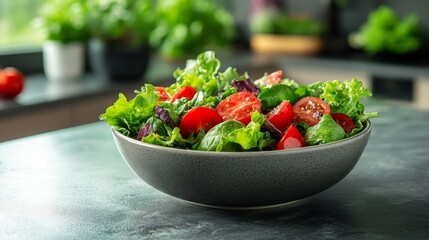 Fresh Green Salad with Red Tomatoes in a Gray Bowl
