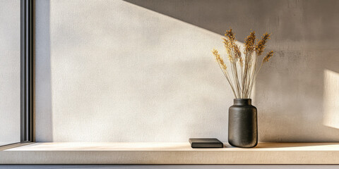 Oriental inspired interiors decoration in a luxury apartment with warm colors and light and shadow play. Residential interior design composition with minimal decor.